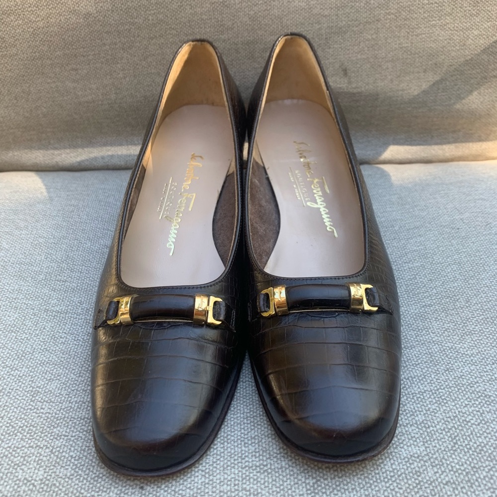 Salvatore Ferragamo Croc Chocolate Brown Leather Shoes Heels size 9 Vintage - Picture 4 of 15